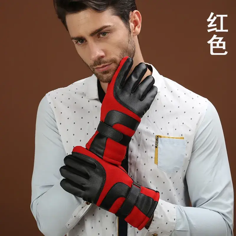 Men Winter Leather Gloves Black Thickened Blue - Image 2