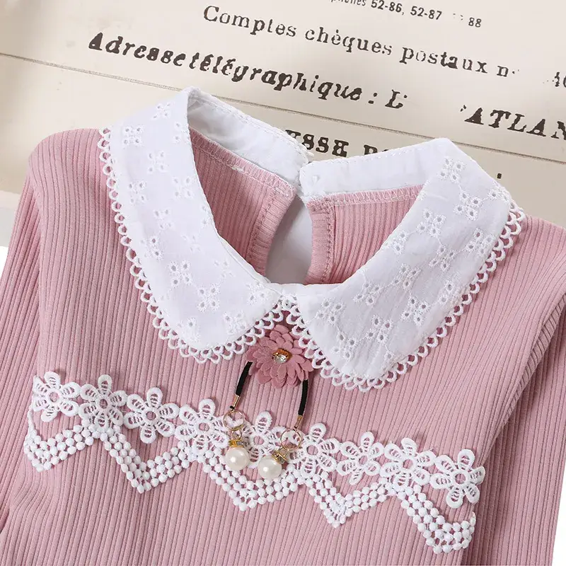 Girls Pink Lace Long Sleeve T-Shirt for Kids - Image 4