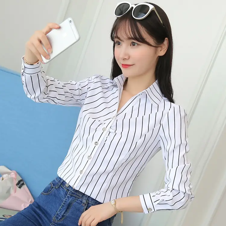 Women White Korean Style Slim Fit V-Neck Shirt - Image 2