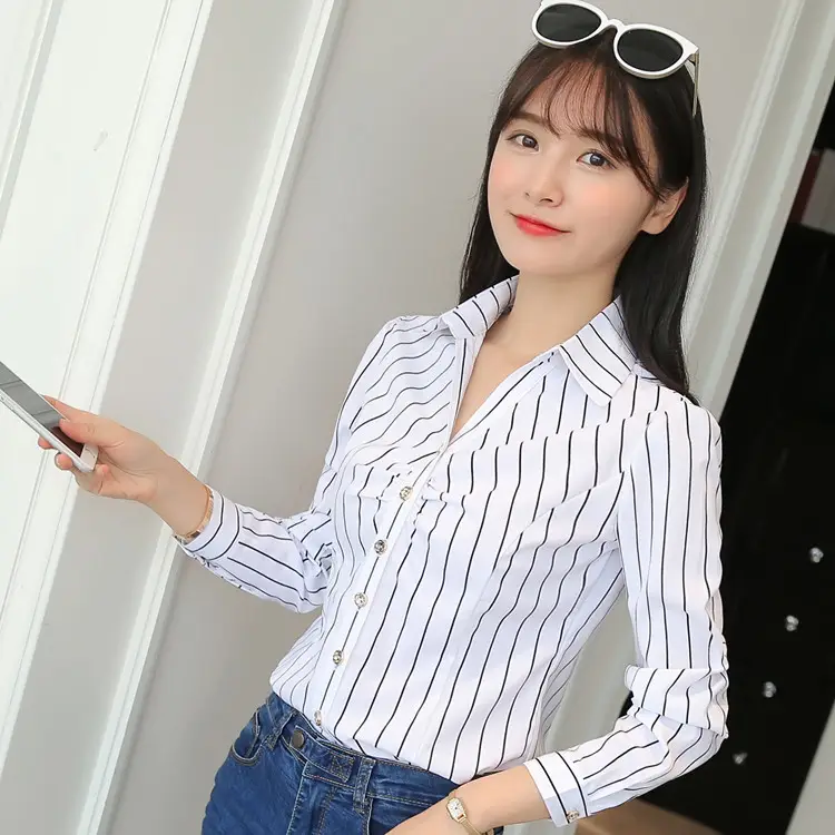 Women White Korean Style Slim Fit V-Neck Shirt - Image 5