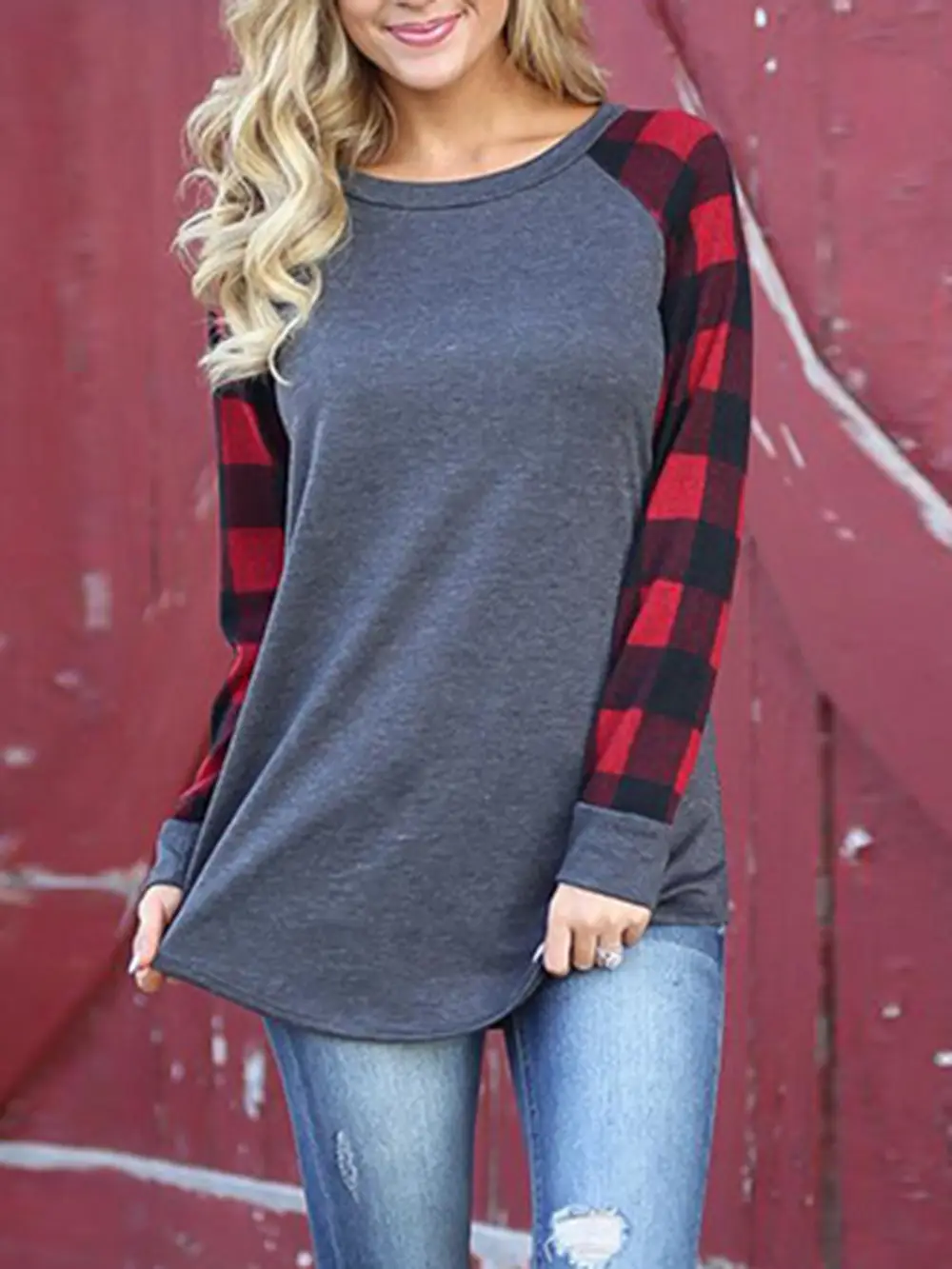Women Plaid Color Block Long Sleeve T-Shirt Top - Image 5