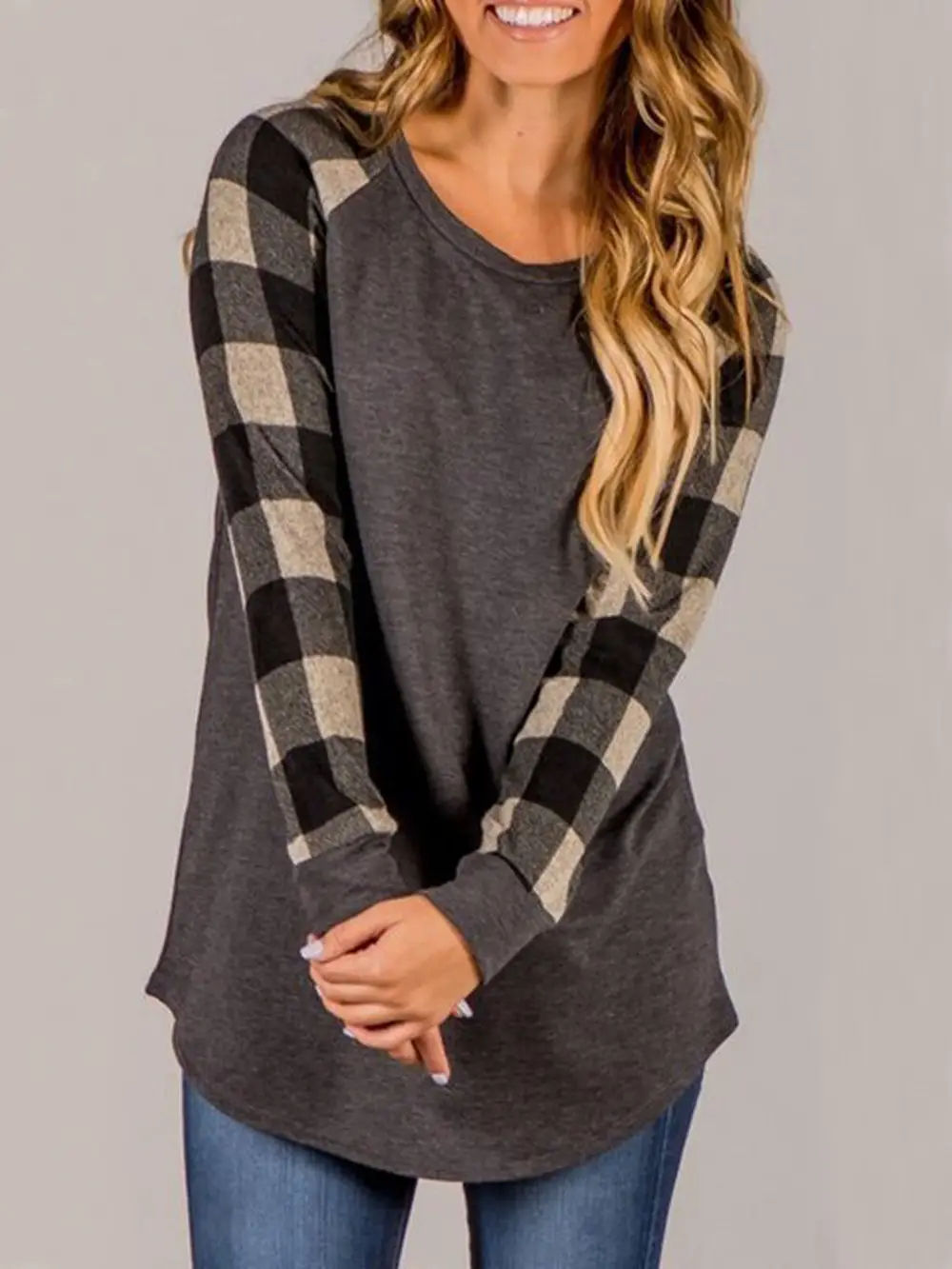 Women Plaid Color Block Long Sleeve T-Shirt Top - Image 7