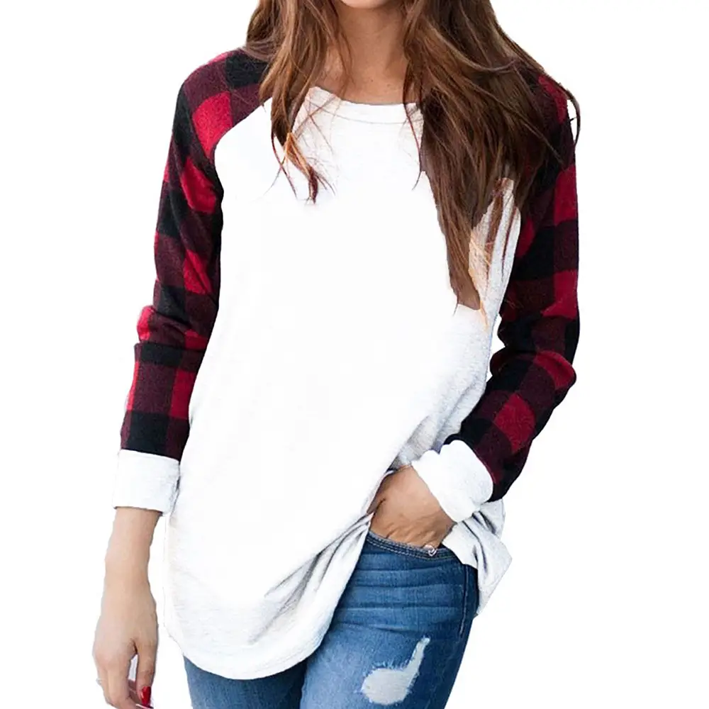Women Plaid Color Block Long Sleeve T-Shirt Top - Image 3