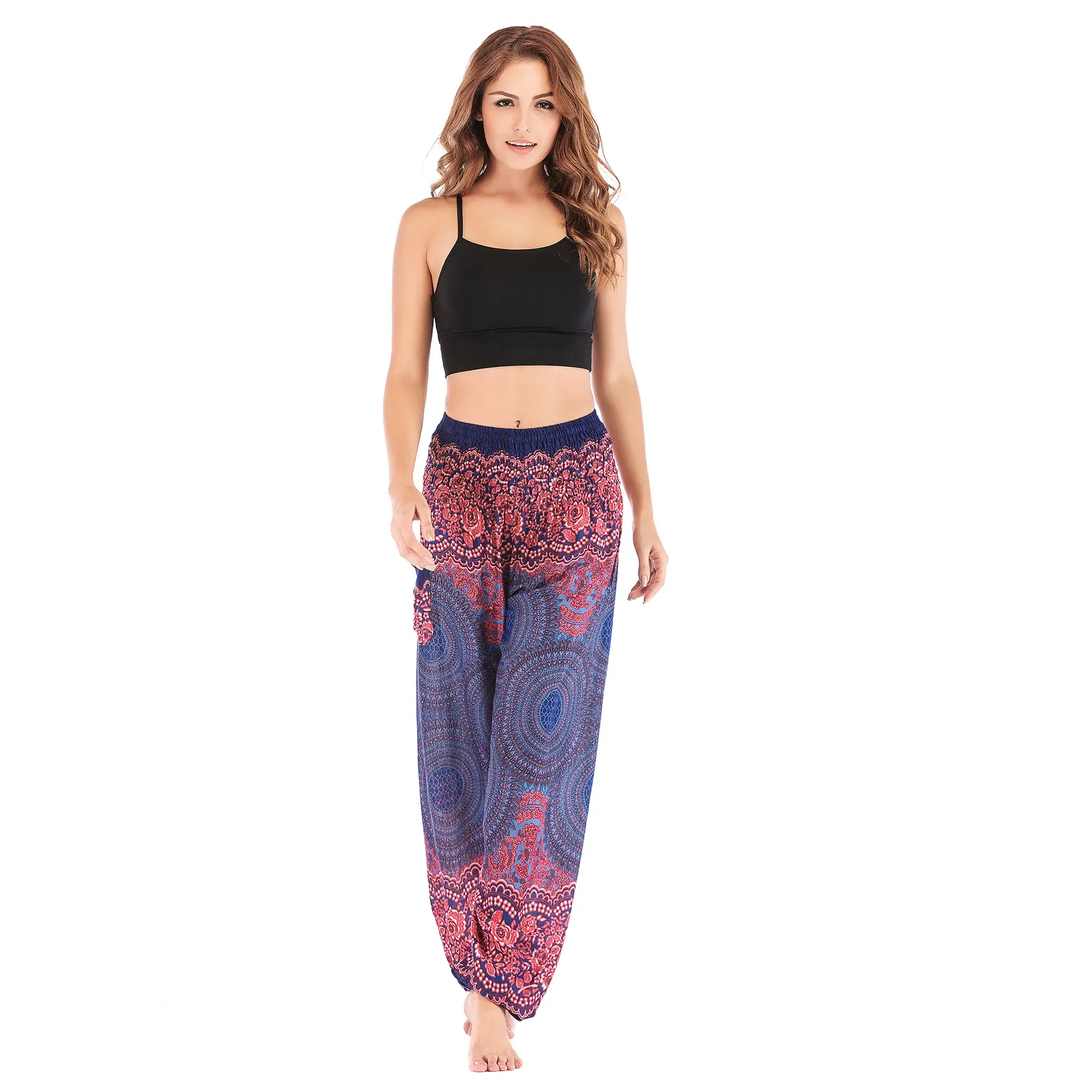 Bohemian Rayon Yoga Pants Red Blue Pattern