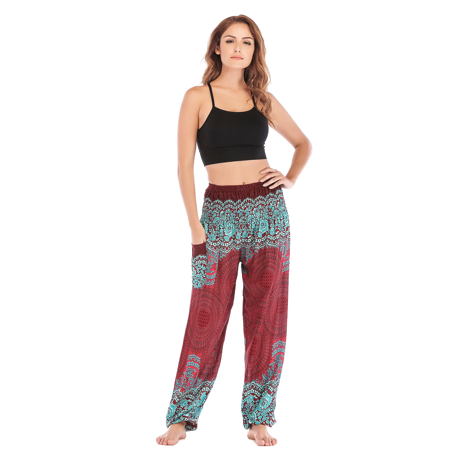 Bohemian Rayon Yoga Pants Red Blue Pattern