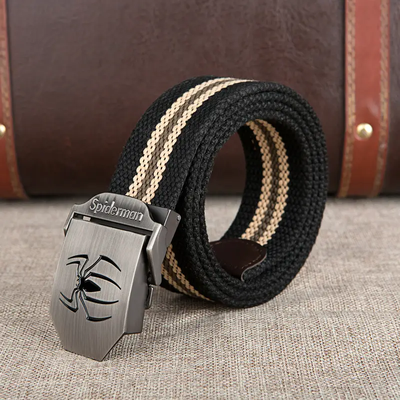 Men's Black Striped Canvas Belt with Logo