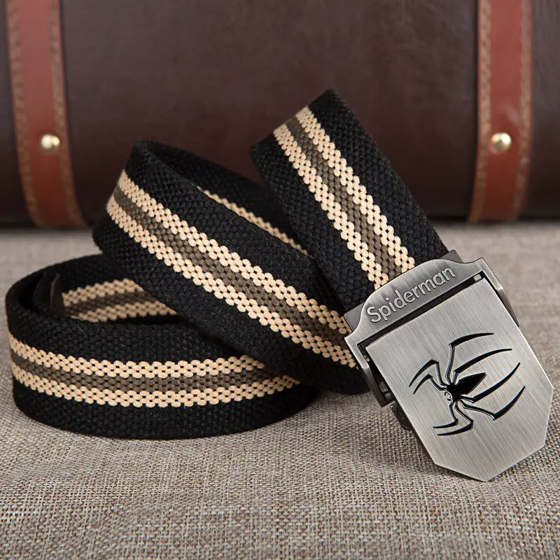 Men's Black Striped Canvas Belt with Logo