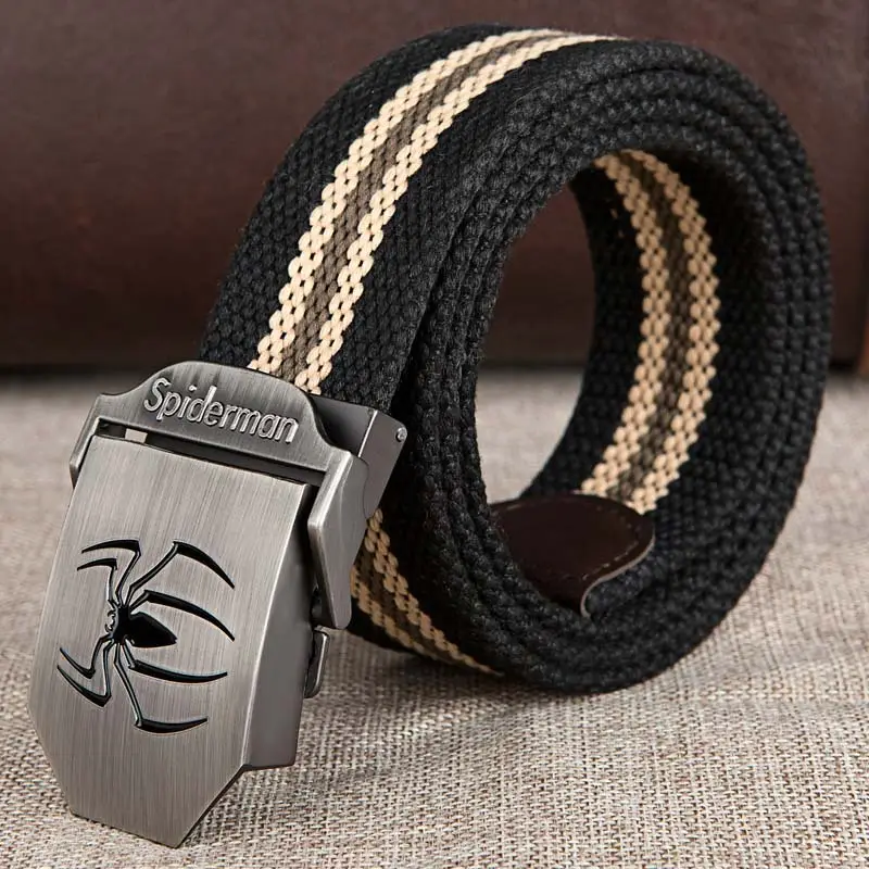 Men's Black Striped Canvas Belt with Logo
