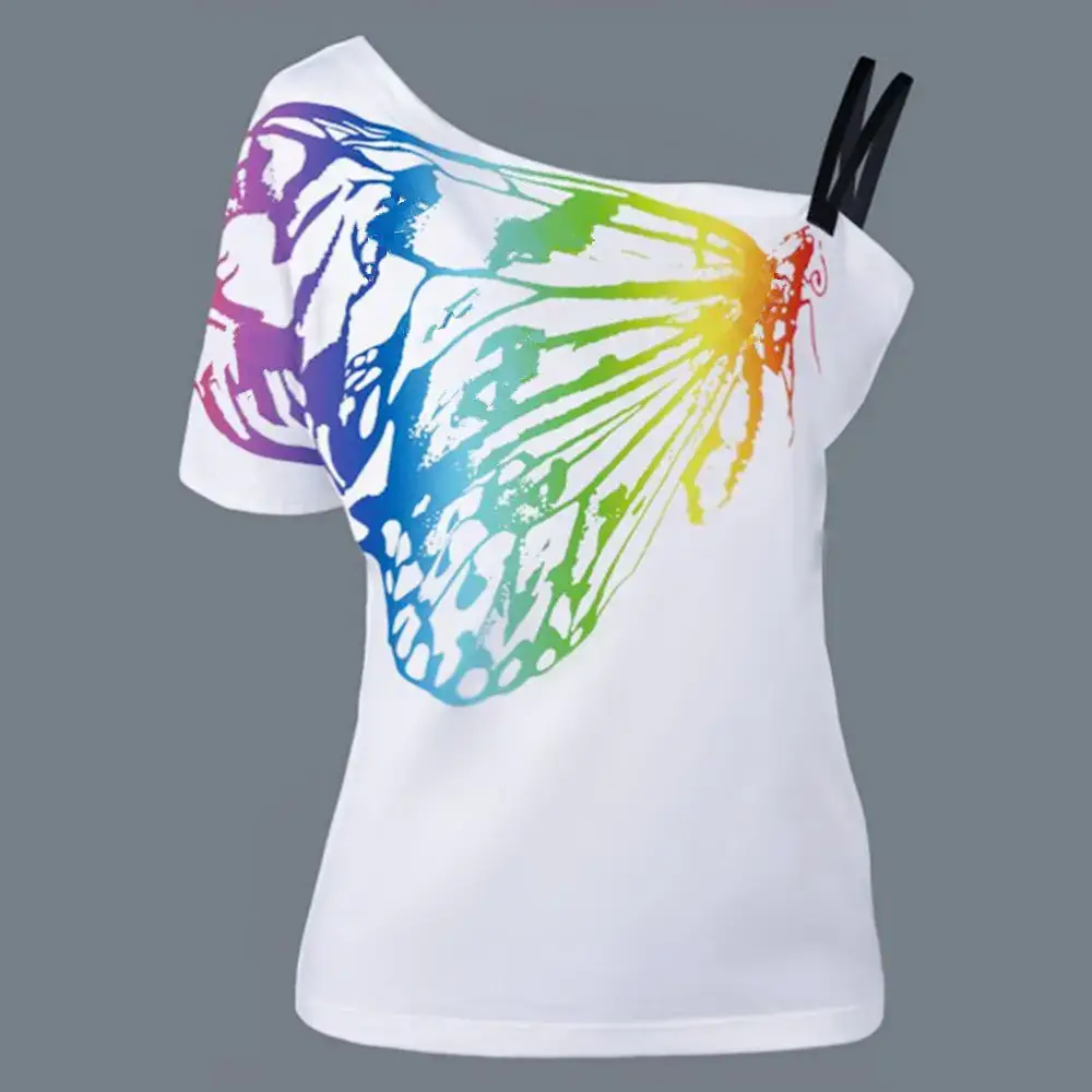 Women Off-Shoulder Butterfly Print T-Shirt White - Image 3