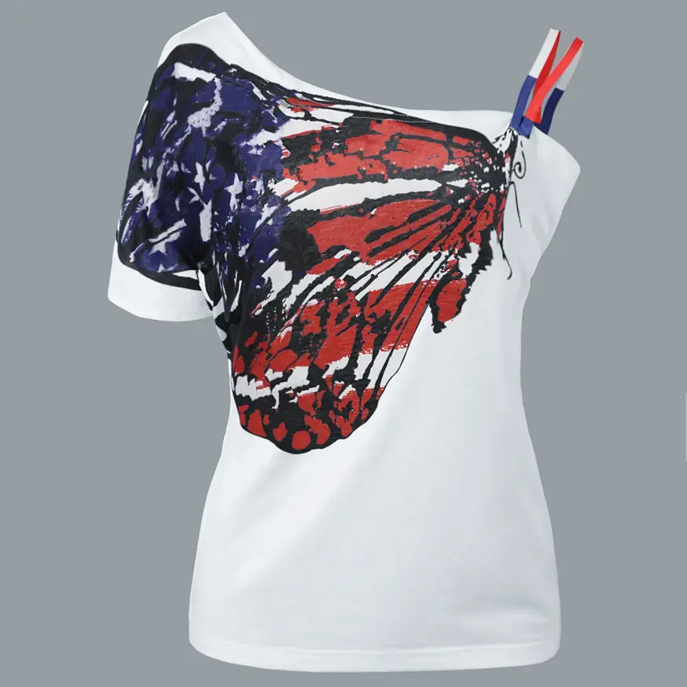 Women Off-Shoulder Butterfly Print T-Shirt White - Image 4