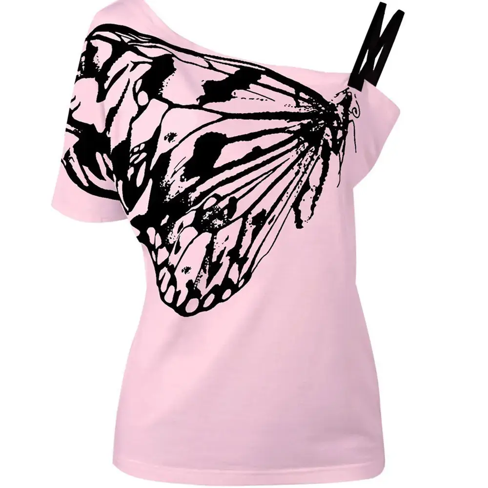 Women Off-Shoulder Butterfly Print T-Shirt White - Image 6