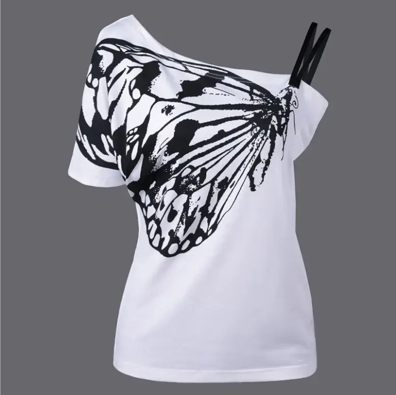 Women Off-Shoulder Butterfly Print T-Shirt White - Image 8