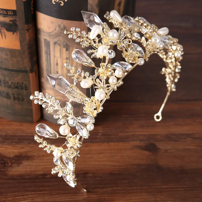 Luxury Bridal Crown with Crystal Mori Pearl Gold - Image 2