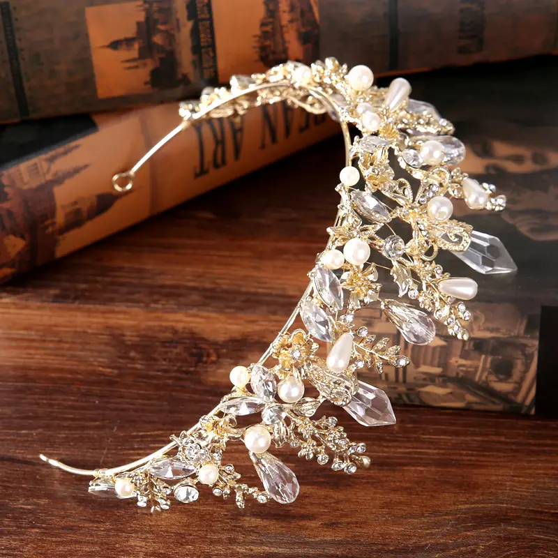 Luxury Bridal Crown with Crystal Mori Pearl Gold - Image 4