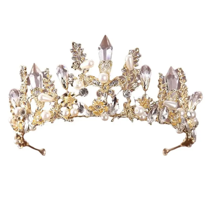Luxury Bridal Crown with Crystal Mori Pearl Gold - Image 5