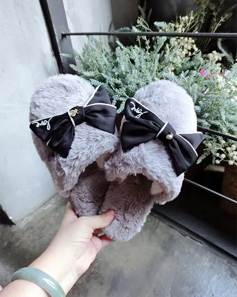 Korean Style Design Small Fresh Style Handmade Bow Women Slippers Fashionable Handmade Imitation Wool Household Baotou Cotton Slippers