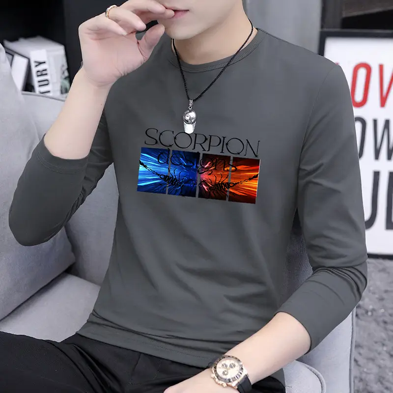 Autumn Men Printed Crewneck T-Shirt Grey Slim Fit - Image 10