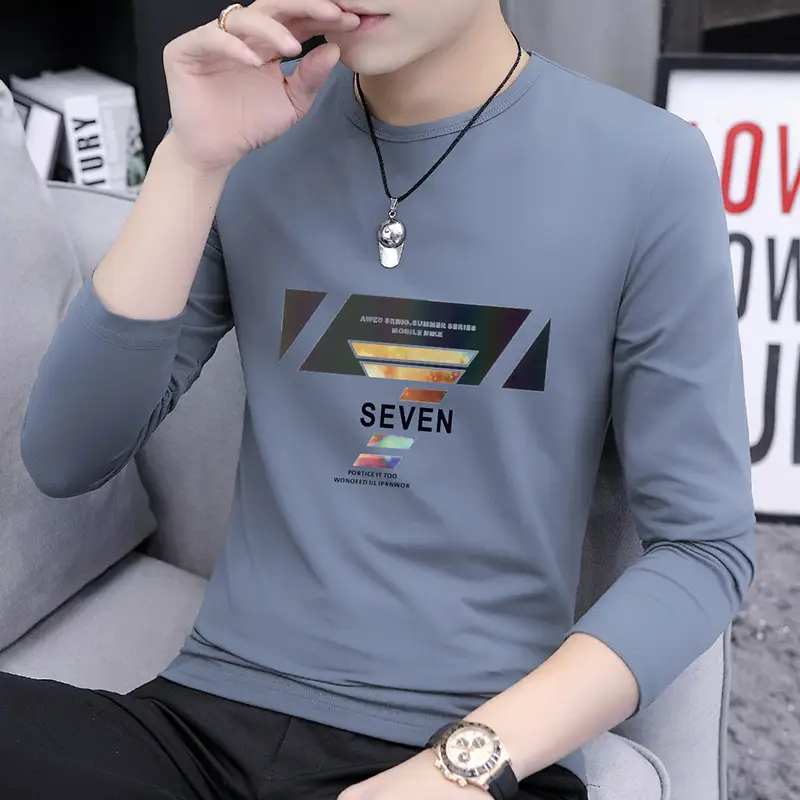 Autumn Men Printed Crewneck T-Shirt Grey Slim Fit - Image 2