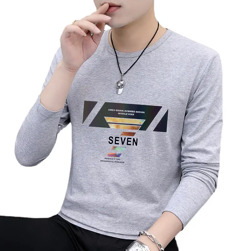 Autumn Men Printed Crewneck T-Shirt Grey Slim Fit - Image 11