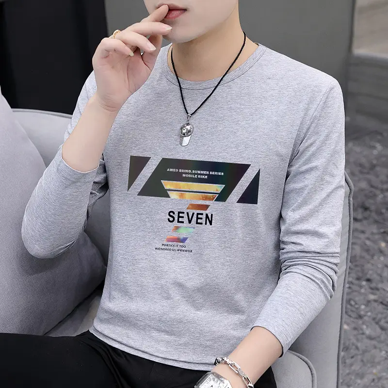 Autumn Men Printed Crewneck T-Shirt Grey Slim Fit - Image 3