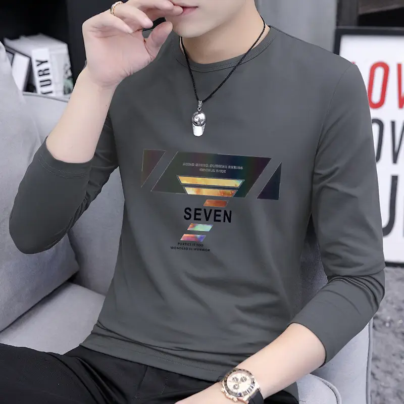 Autumn Men Printed Crewneck T-Shirt Grey Slim Fit - Image 4