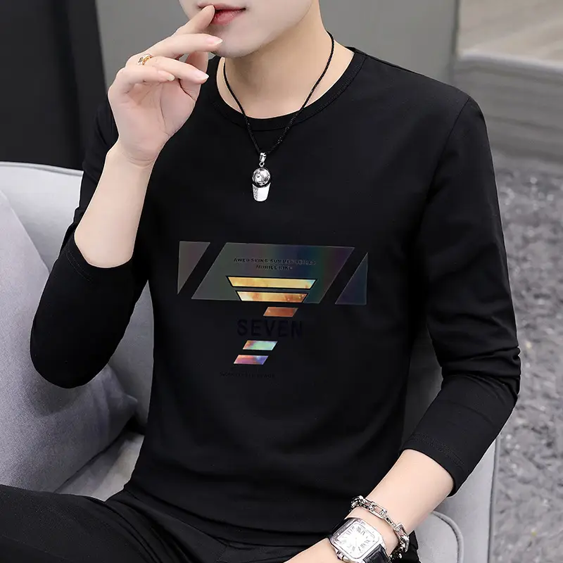 Autumn Men Printed Crewneck T-Shirt Grey Slim Fit - Image 5