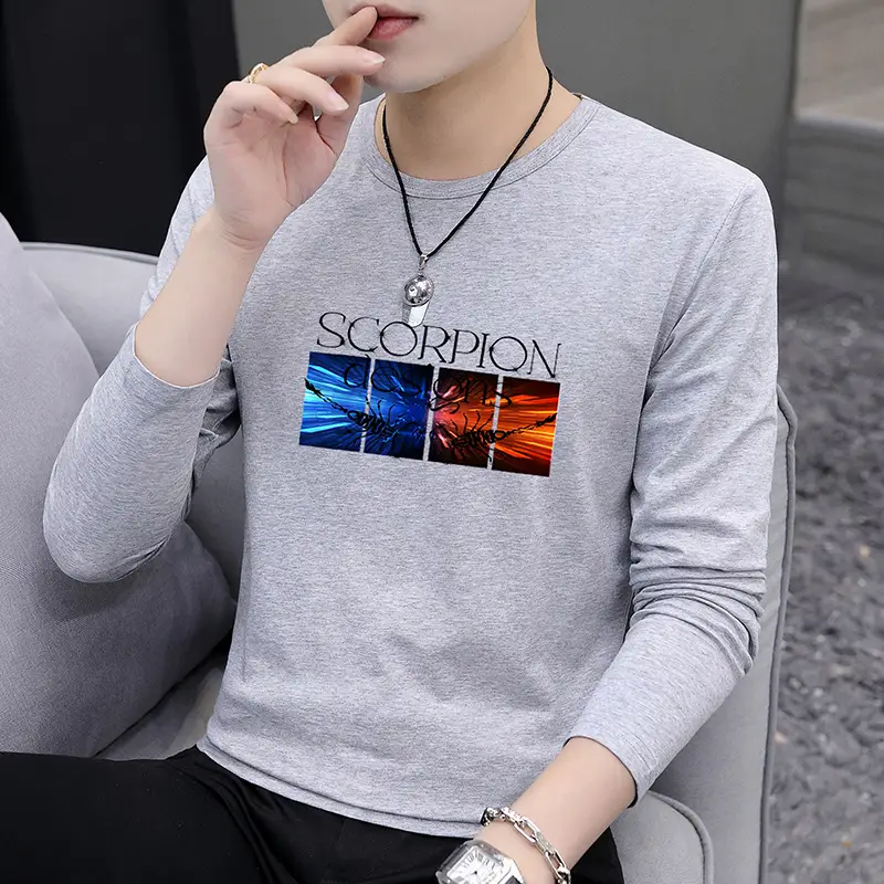 Autumn Men Printed Crewneck T-Shirt Grey Slim Fit - Image 8