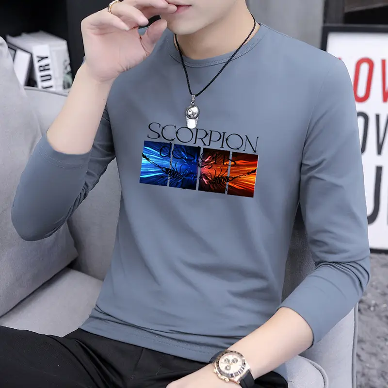 Autumn Men Printed Crewneck T-Shirt Grey Slim Fit - Image 9
