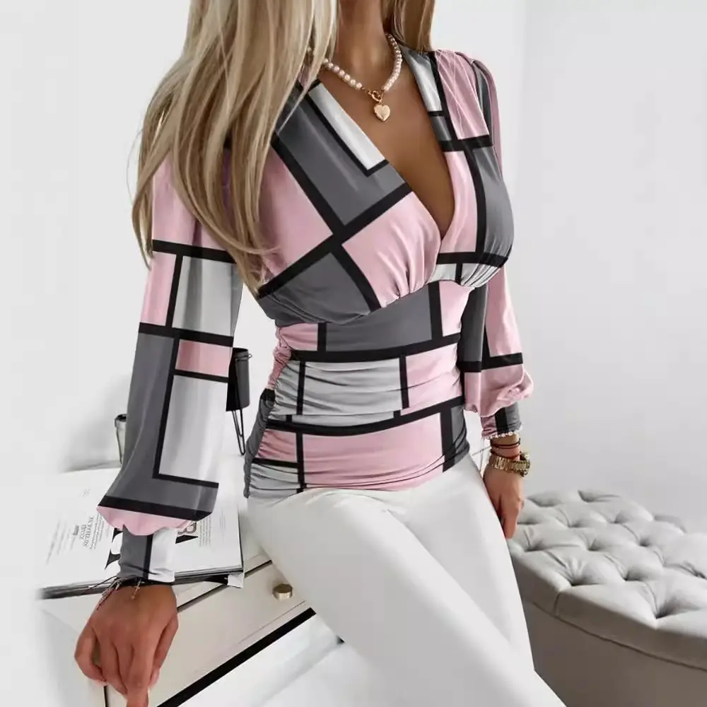White Long Sleeve V-Neck Women's Top - Image 15