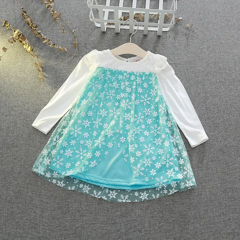 Children's Embroidered Lace Dress Blue White Long Sleeve - Image 3