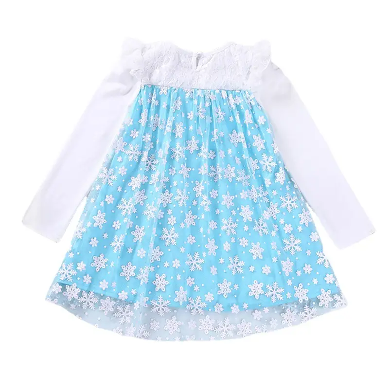 Children's Embroidered Lace Dress Blue White Long Sleeve - Image 6