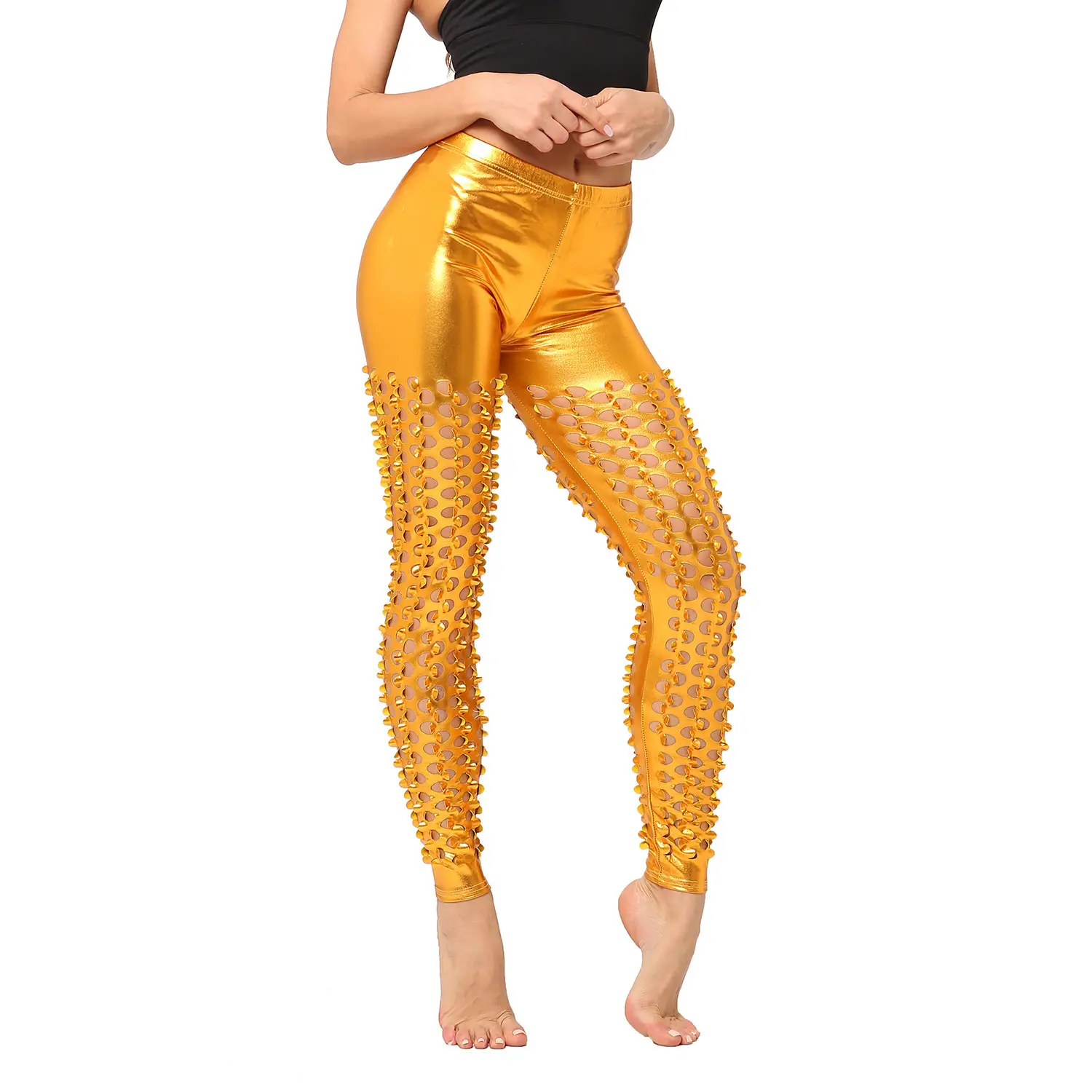 Punk Fish Scale Leggings Blue Polka Dot High Heels