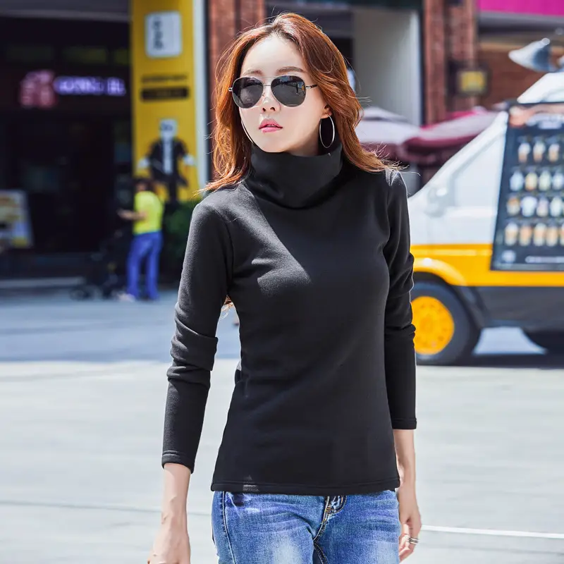 Women Korean Cotton High Collar Long Sleeve T-Shirt