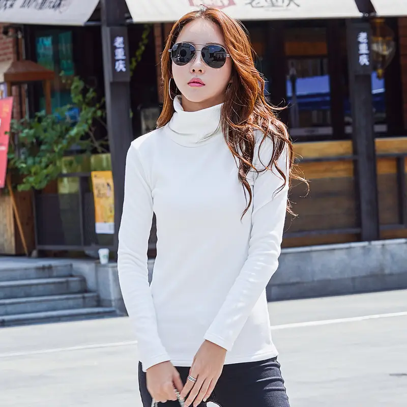 Women Korean Cotton High Collar Long Sleeve T-Shirt