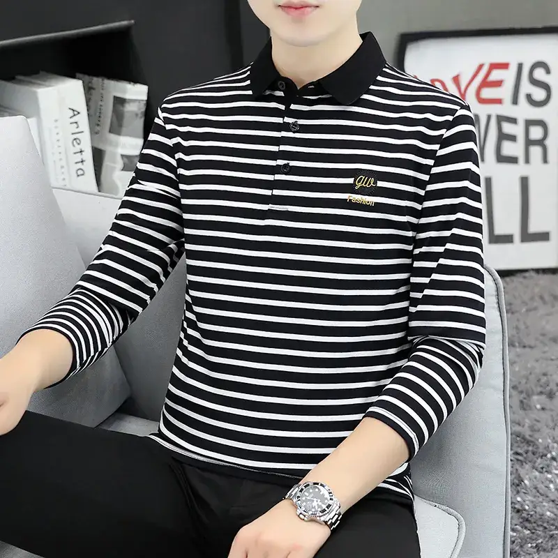 Men Striped Long Sleeve Polo Shirt with Collar - Image 9