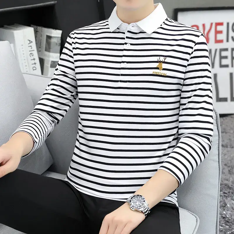 Men Striped Long Sleeve Polo Shirt with Collar - Image 10