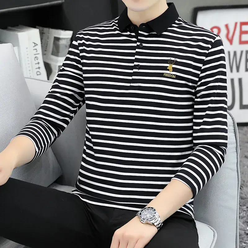 Men Striped Long Sleeve Polo Shirt with Collar - Image 11