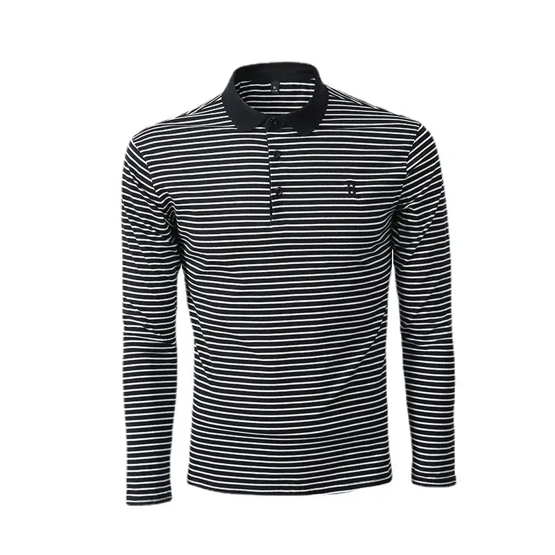 Men Striped Long Sleeve Polo Shirt with Collar - Image 12