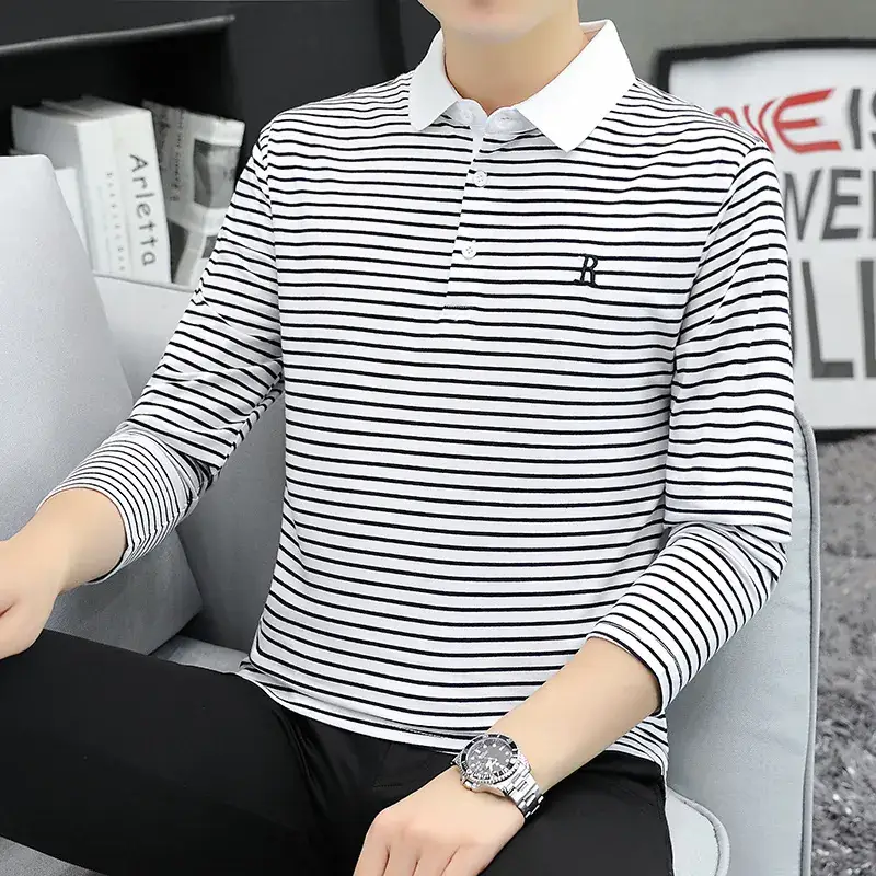 Men Striped Long Sleeve Polo Shirt with Collar - Image 2