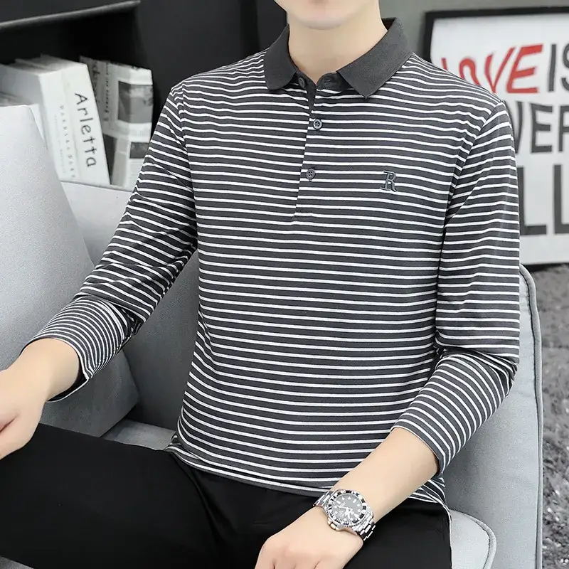 Men Striped Long Sleeve Polo Shirt with Collar - Image 3