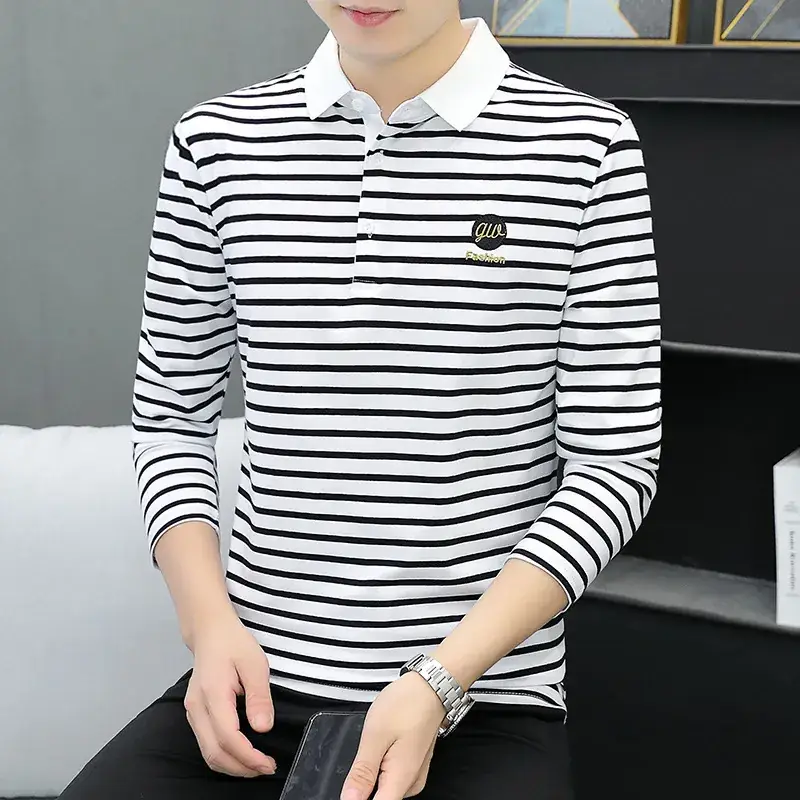 Men Striped Long Sleeve Polo Shirt with Collar - Image 5