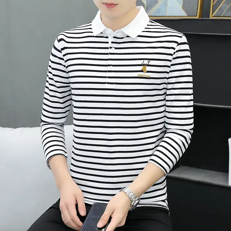 Men Striped Long Sleeve Polo Shirt with Collar - Image 7