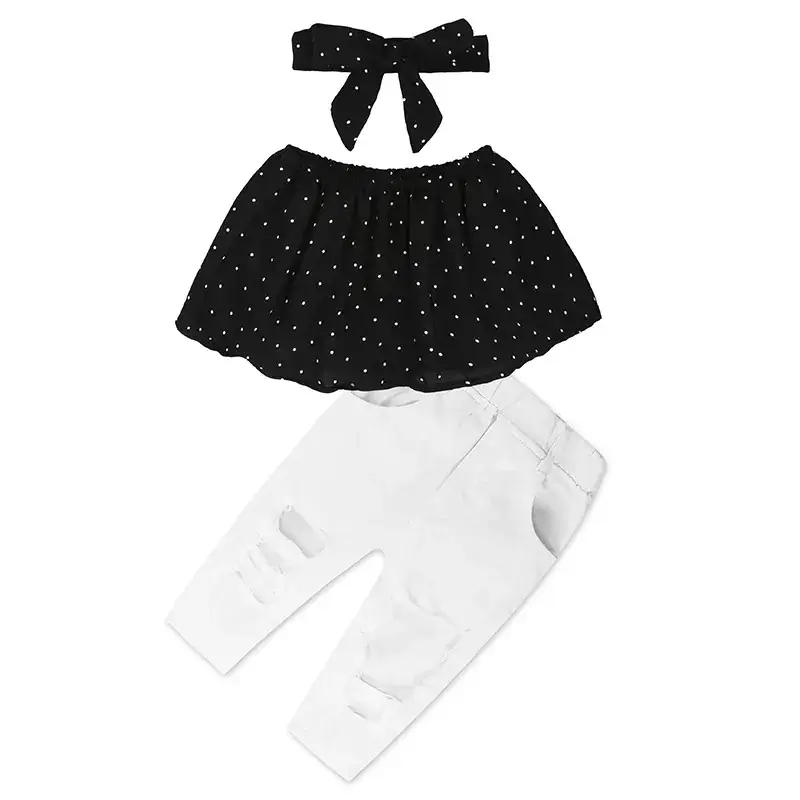 Girls Off-Shoulder Polka Dot Top with Bow Scarf & White Jeans