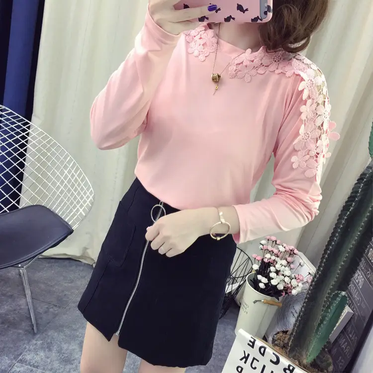 Women Long Sleeve T-Shirt Black Loose Lace Hollow Out - Image 3