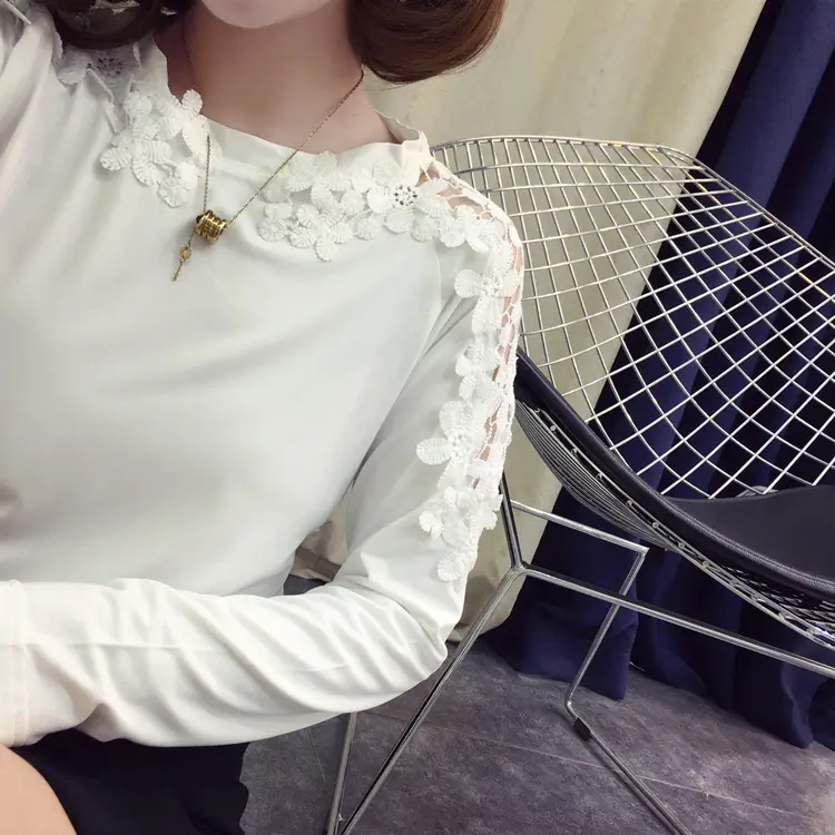 Women Long Sleeve T-Shirt Black Loose Lace Hollow Out - Image 4
