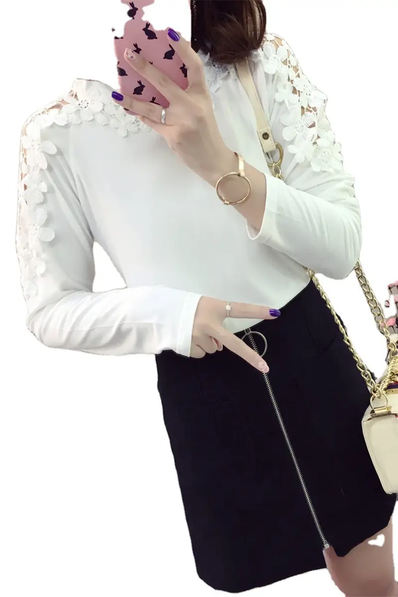 Women Long Sleeve T-Shirt Black Loose Lace Hollow Out - Image 5