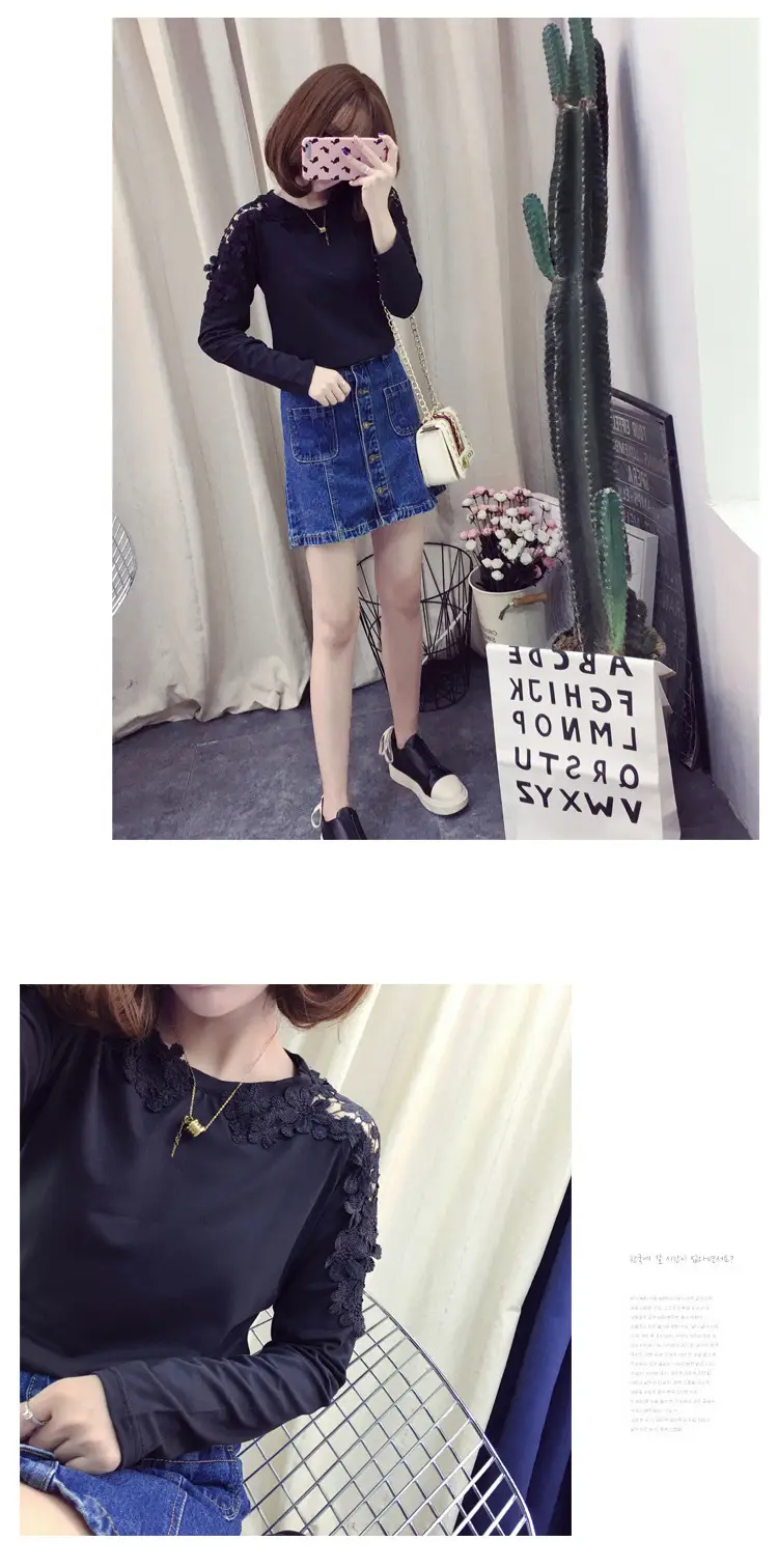 Women Long Sleeve T-Shirt Black Loose Lace Hollow Out — feature 5