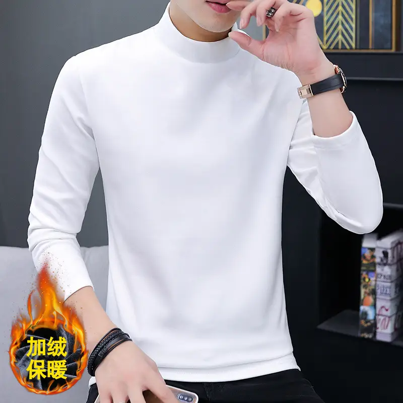 Men White Thick Fleece High Collar T-Shirt - Image 2
