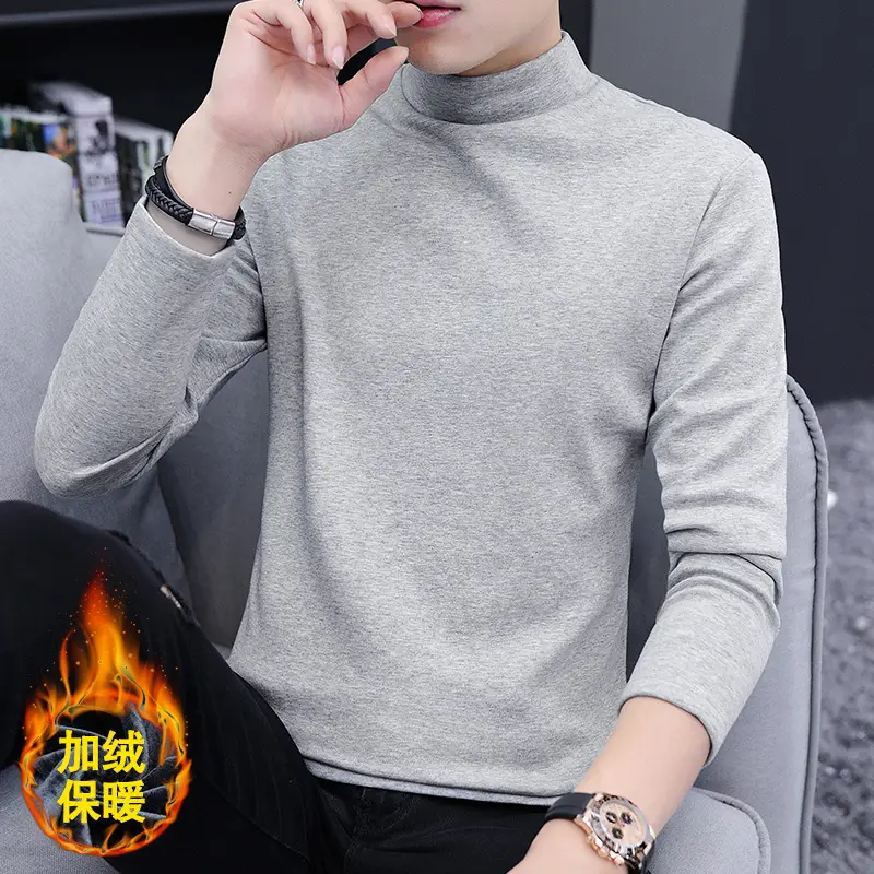 Men White Thick Fleece High Collar T-Shirt - Image 6