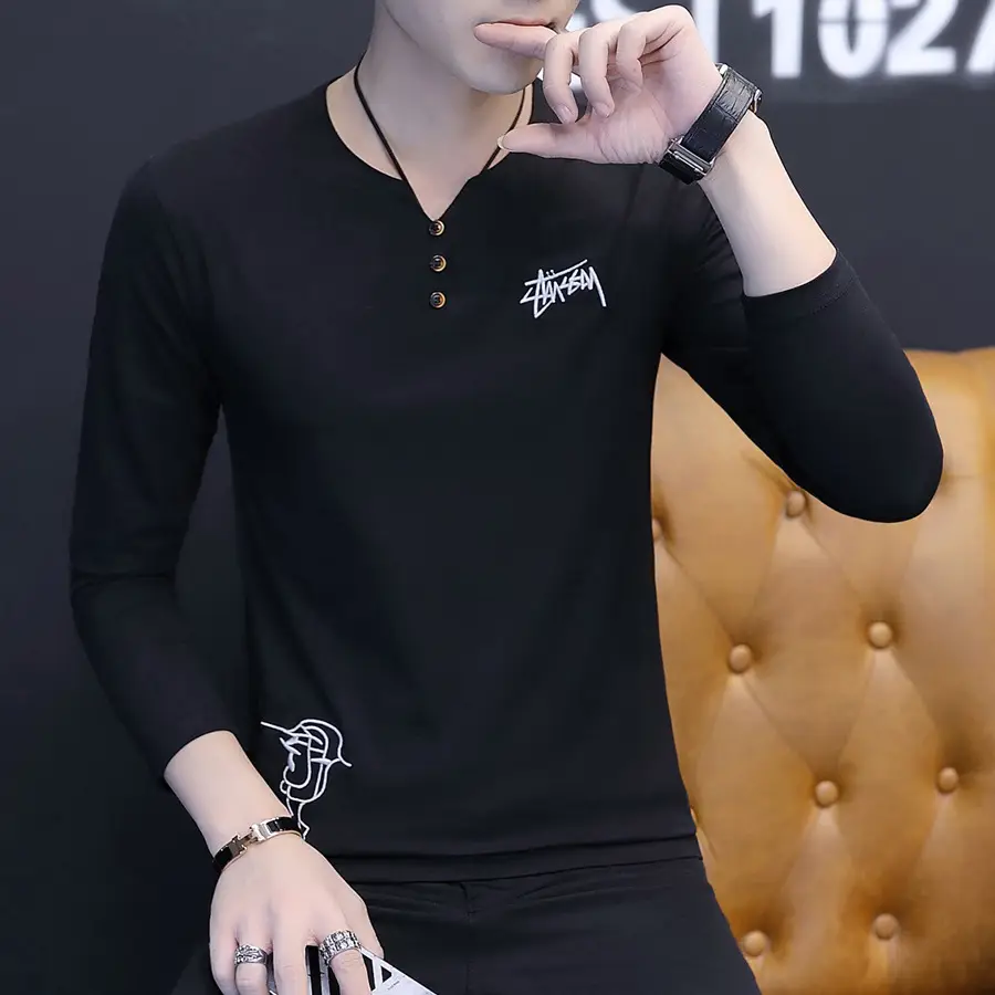 Men Navy Long Sleeve T-Shirt with Lion Embroidery - Image 3